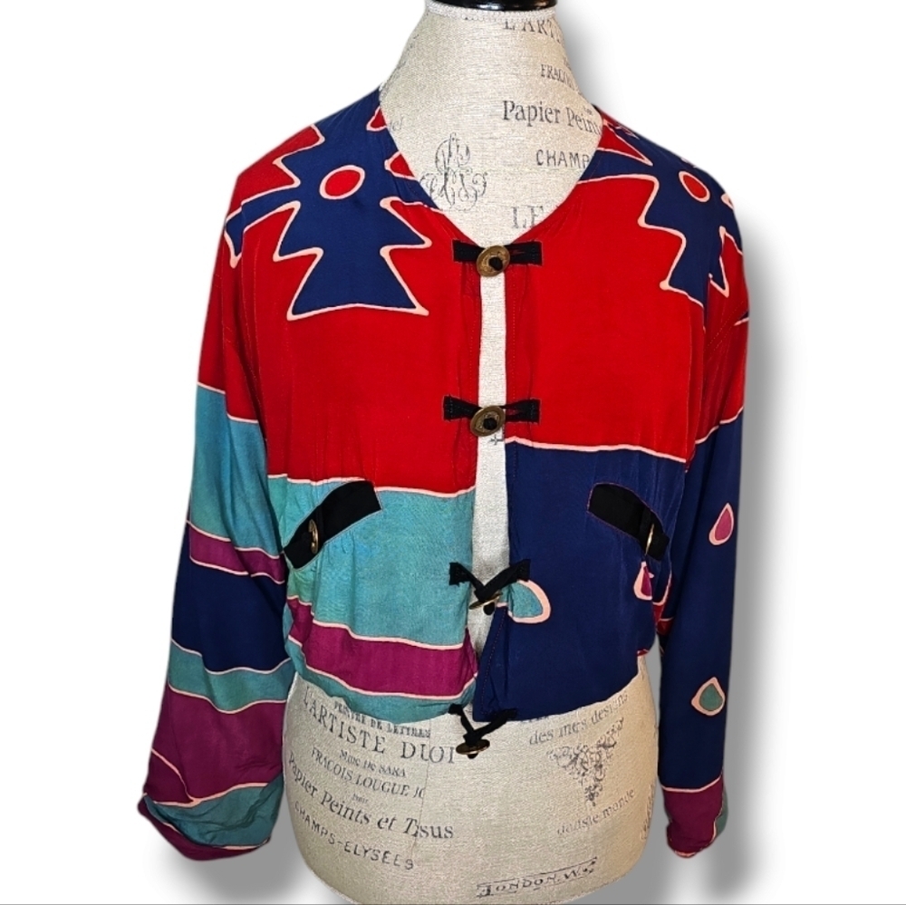 Tropical Tantrum Hawaii Vintage Red & Blue Abstract Cropped Jacket - Size OS